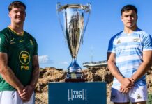 Kolisi Inspires Junior Boks Ahead Of U20 Rugby Championship Opener Junior Springboks and Argentina U20 players with Rugby Championship trophy ahead of match