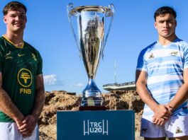 Junior Springboks and Argentina U20 players with Rugby Championship trophy ahead of match