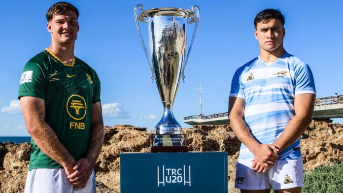 Junior Springboks and Argentina U20 players with Rugby Championship trophy ahead of match
